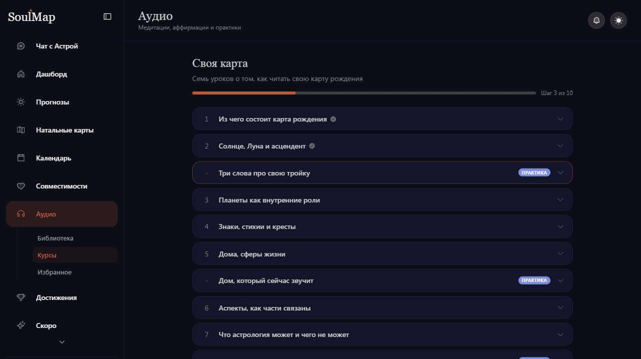 Скриншот курса «Своя карта» изнутри: семь пронумерованных уроков, три практики и отметки пройденных тестов
